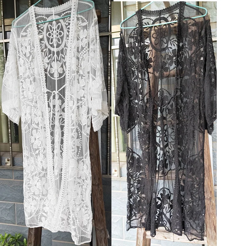 

Beachwear Swimwear Vestidos Sarong Pareo Beach Cover Bikini Embroidery Mesh White Women Up Dress Summer Pareos Bathing Suit