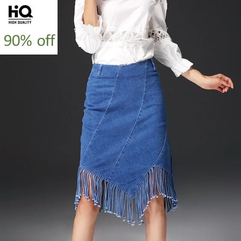 Новинка 2020 необычная джинсовая юбка с бахромой Женская высокая талия прошитая