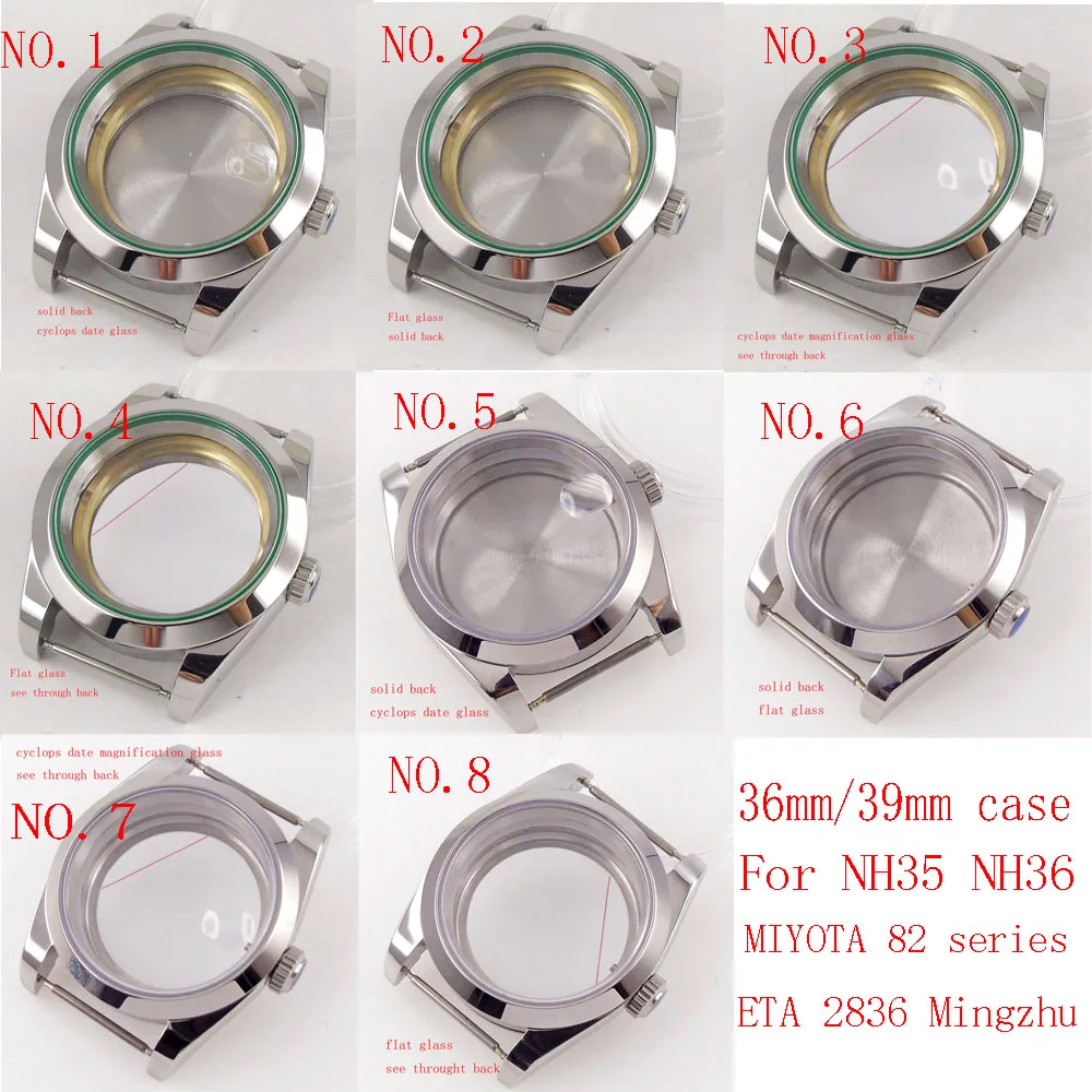 

39mm Watch Case 316L Silver Color Sapphire Glass For NH35 NH36 ETA 2836 MIYOTA 8215 821A 8205 Mingzhu 2813 Automatic Movement