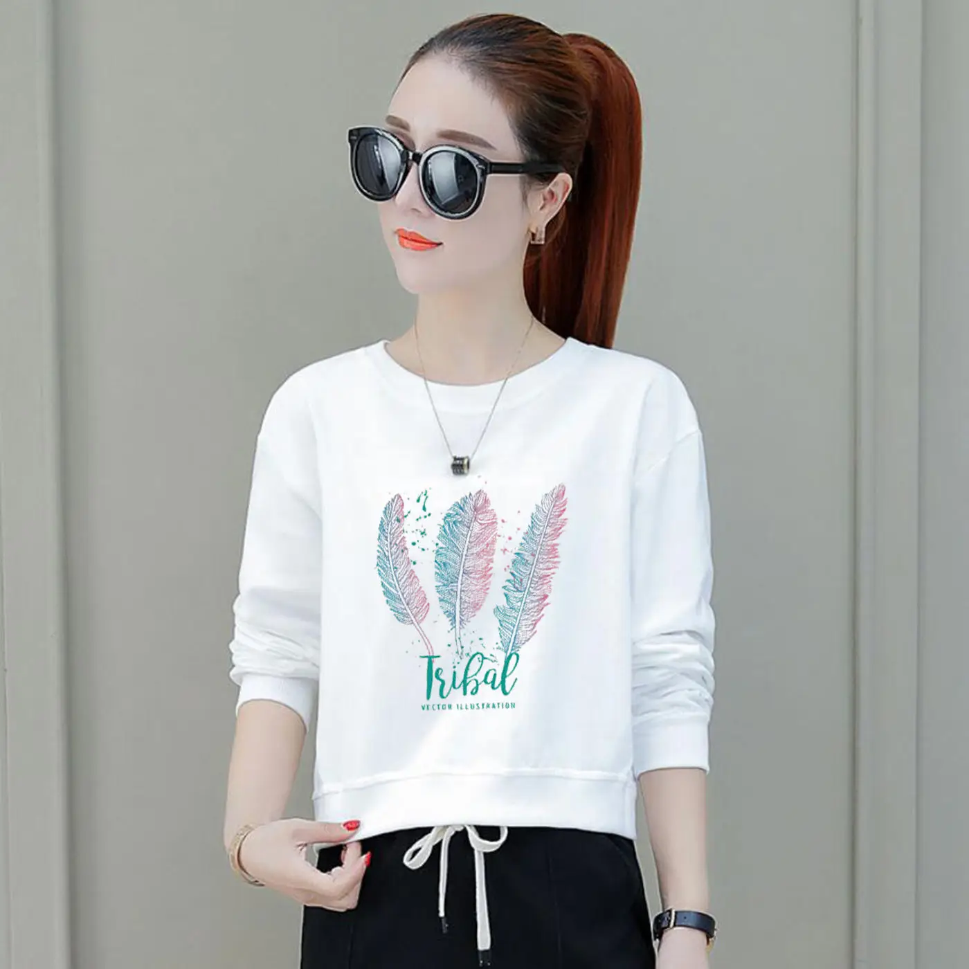 

High can't contain cotton ball with high waist fleece female qiu dong han edition short fashion long-sleeved blouse loose t-shir