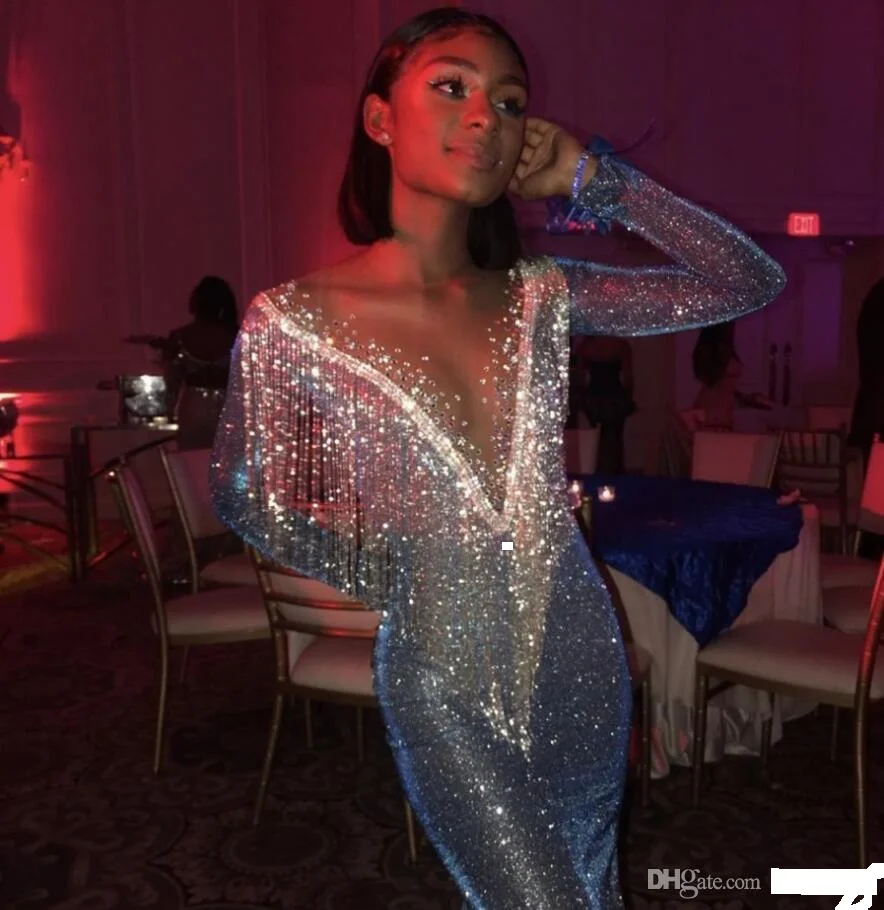 Блестящее синее шелковое бальное платье русалки с длинным рукавом и прозрачным