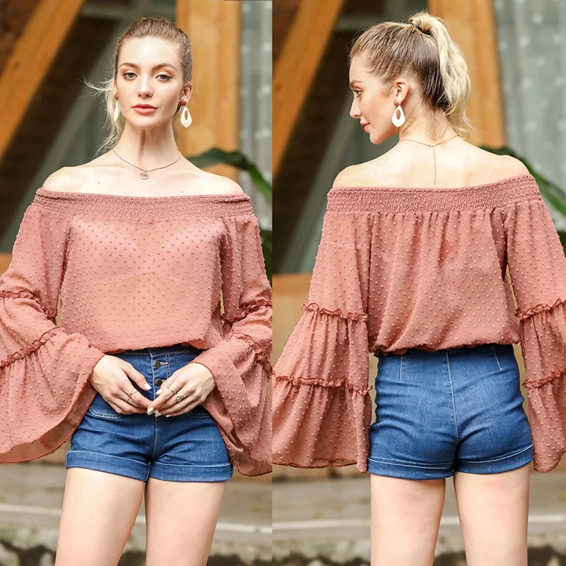 

Kili Women'S One Shoulder Ladies Flare Sleeve Long Sleeve Top Khaki