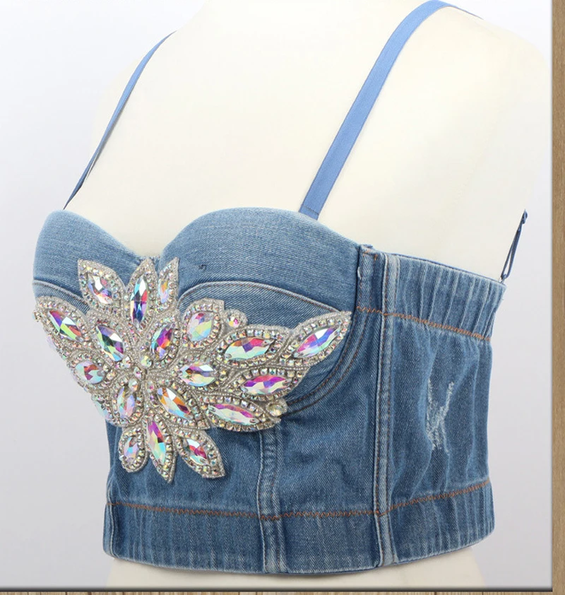 Fashion Sexy patchwork diamond beading Mesh Push Up Bralet female Corset Bustier Bra Night Club Party sexy Crop Top Vest