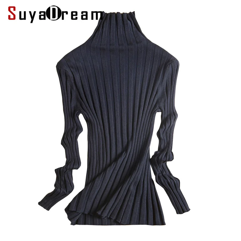 

SuyaDream Women Turtleneck Ribs Pullovers Solid Slim Fit Sweaters 70%Silk 15%Cashmere 15%Nylon 2020 Fall Winter Knit Top