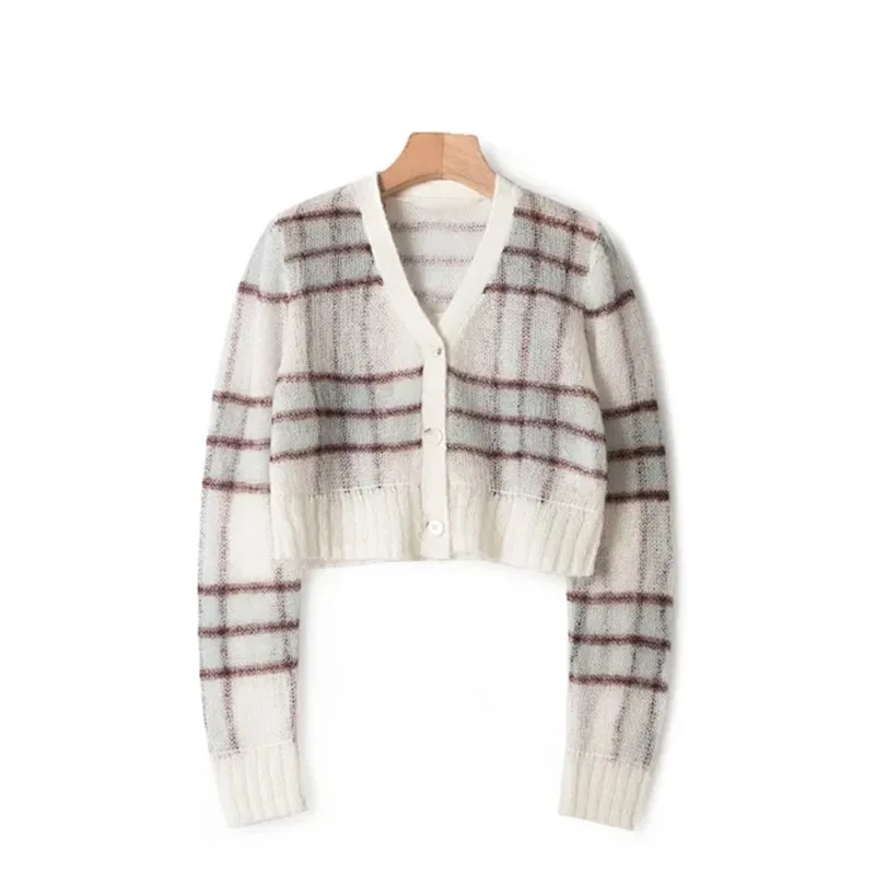 

Knit Short Cardigan Women Plaid Mohair Thin V-neck Single Breasted Long Sleeve Autumn 2021 Ladies Sweater