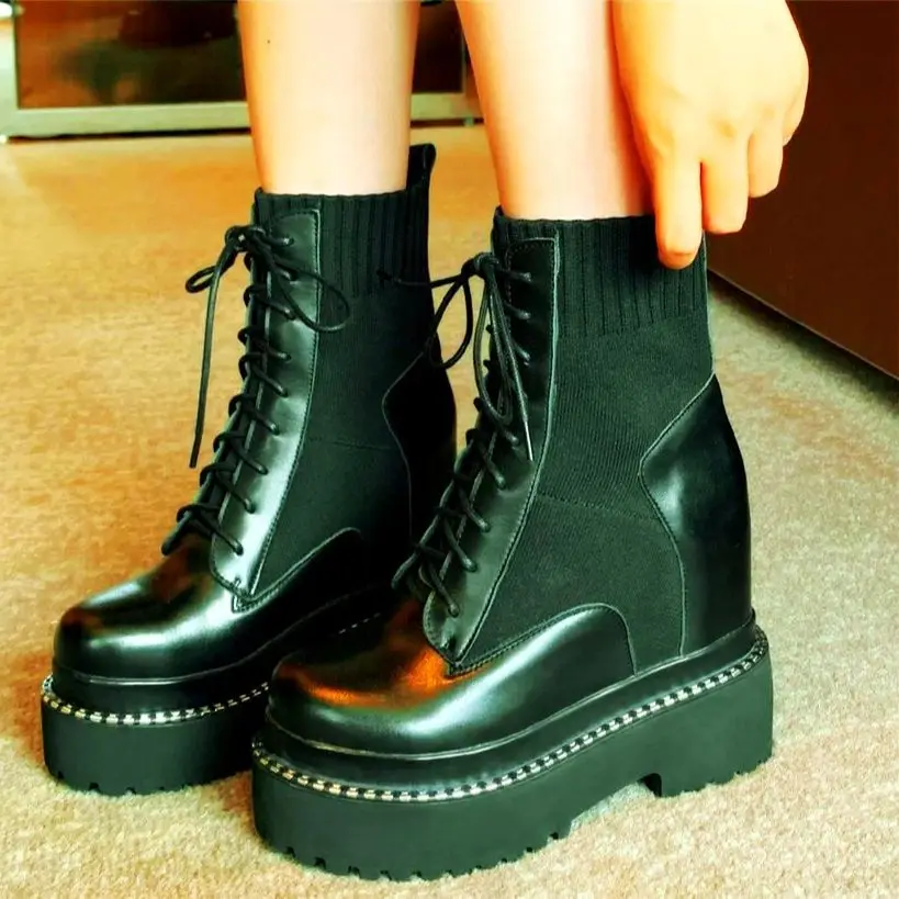 

Platform Pumps Women's Genuine Leather Ankle Boots Wedge High Heels Punk Goth Oxfords Creepers Lace Up Shoes 35 36 37 38 39