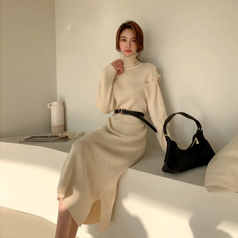 

Han edition turtle neck shoulder sweater knitted high spring warm winter show thin women dress