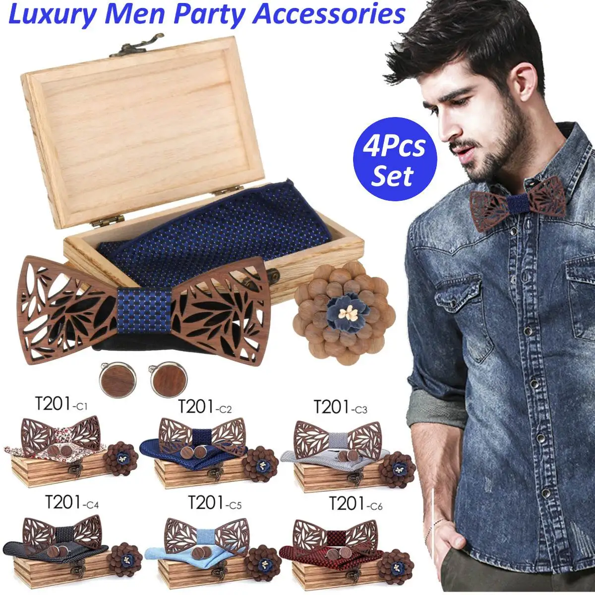 

Набор из 4 ручных деревянных галстуков-бабочек, носовой платок, мужской галстук-бабочка, деревянные вырезные галстуки и коробка, галстук-баб...