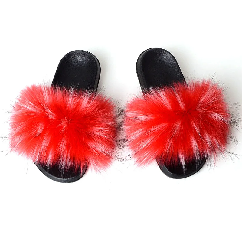 

Home Fuzzy Woman Casual Plush Slides New Fluffy Faux Fur Slides Women Fur Slippers Furry Raccoon Sandals Fake Fox Fur Flip Flops