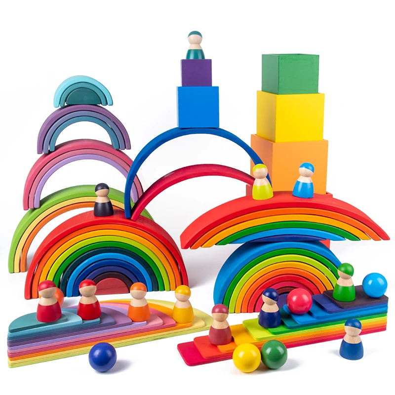 baby toys large size rainbow building blocks wooden toys for kids creative rainbow stacker montessori educational toy children free global shipping