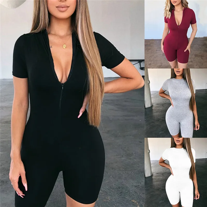 

Summer women's Jumpsuit Sexy Slim V Neck Short Sleeved Solid Color Jumpsuit women's Tight Casual Zipper Jumpsuit