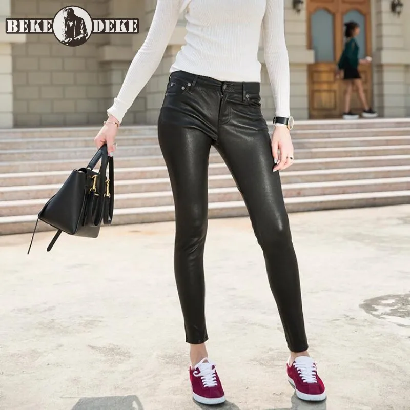 

Женские обтягивающие брюки-карандаш, длинные брюки из 100% натуральной овчины, для офиса, 2019