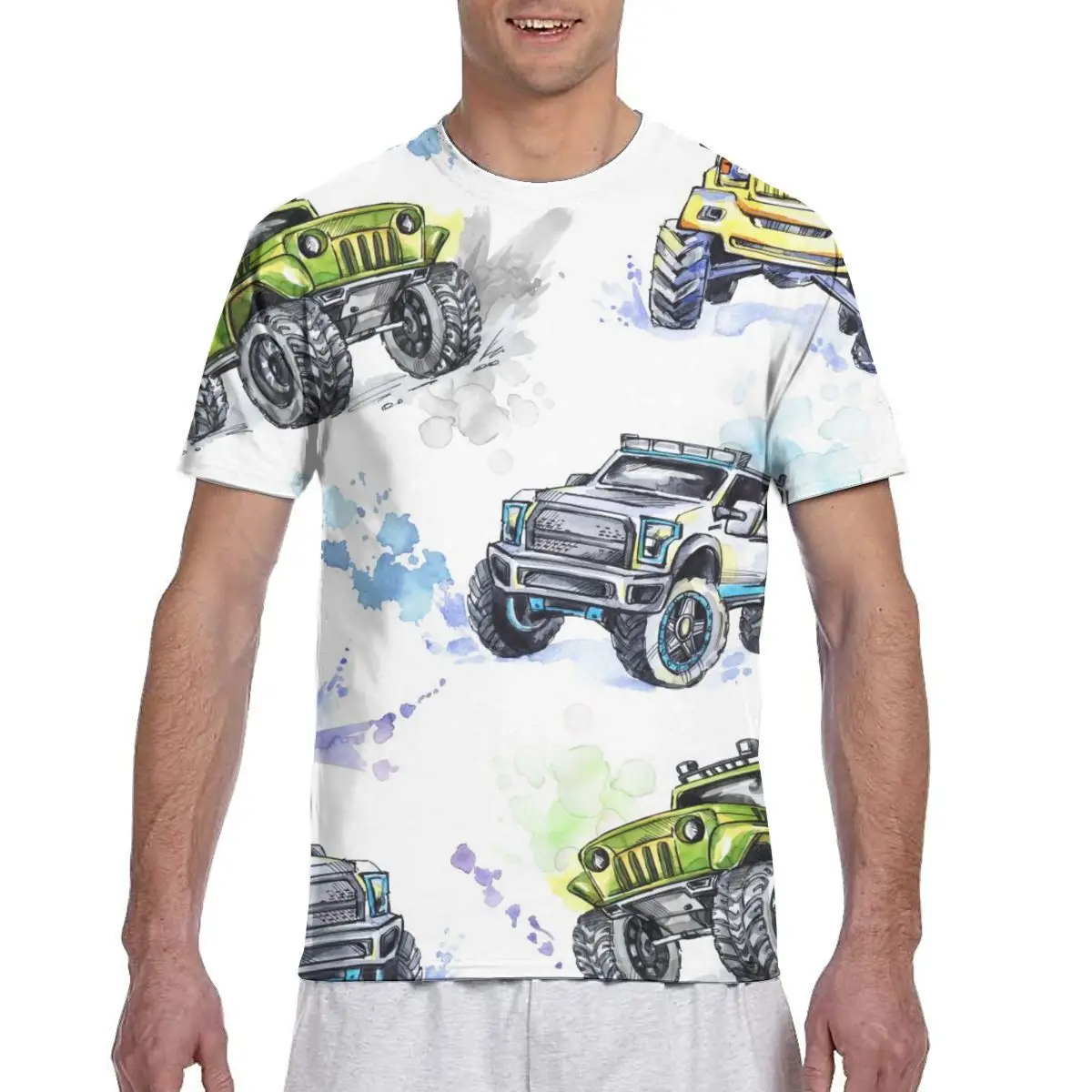 

Watercolor Cartoon Monster Trucks Man T-shirt 2020 Summer Round Neck Tshirts Tee Shirts Men Streetwear T-shirts Short Sleeve