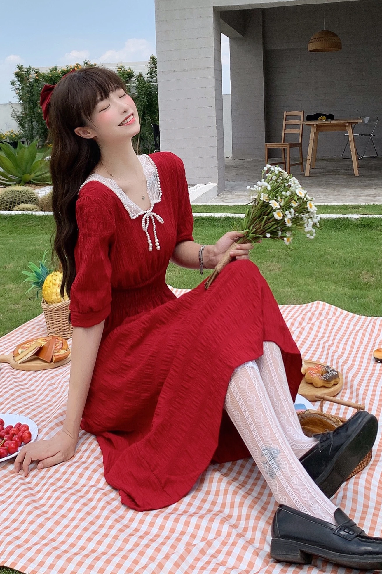 

Women's 2020 New Summer Vintage Lace Square Collar Bow Mid-Length Waist Hugging Red Dress tea party lolita dress
