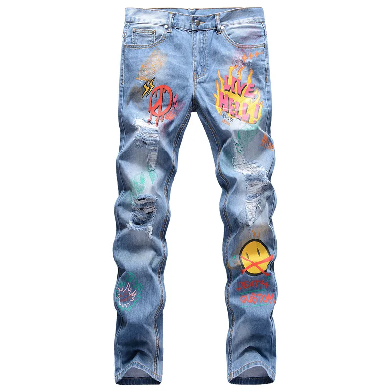 

MORUANCLE Fashion Mens Hi Street Ripped Painted Jeans Pants With Holes Destroyed Printed Denim Trousers Streetwear Hip Hop Jeans