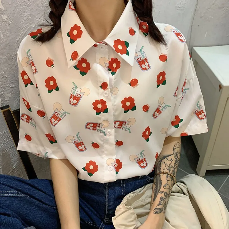 

Women Retro Printed Shirt Wild Fun Cartoon Short-sleeved Shirt Printed Pattern Shirt Loose Shirt Red Flower /