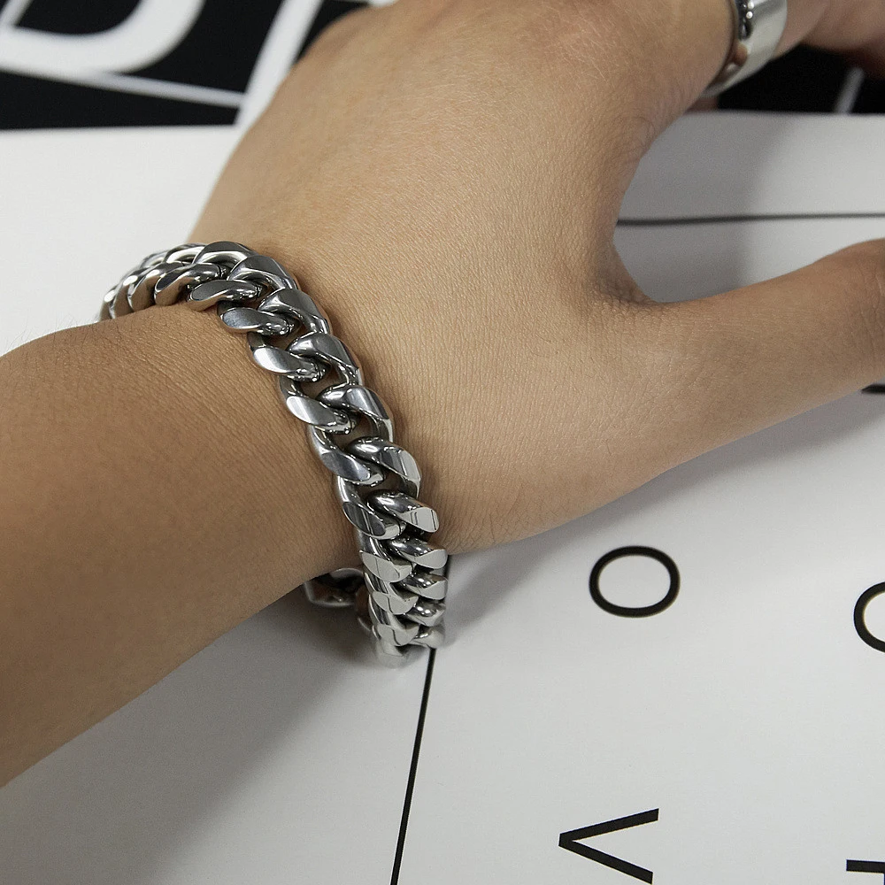 

Cuban Chain Men Bracelet Stainless Steel Silver Color Trendy Punk Hip Hop12mm Width Chain Bracelet For Women Wrist Jewelry