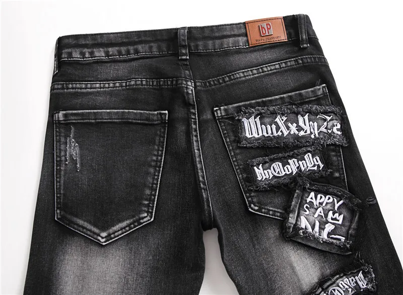 Fashion Streetwear Jeans Men Black Printing Embroidery Homme Ripped Heren Biker Stretch Pants Slim Male Casual Denim Trousers
