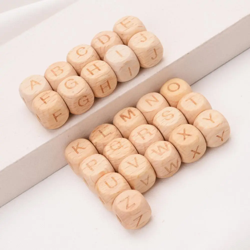 Cuentas de letras de madera de haya para beb&eacute;, mordedor de madera de grado alimenticio para dientes, juguetes de madera sin BPA, 12mm, 100 unids/lote-1