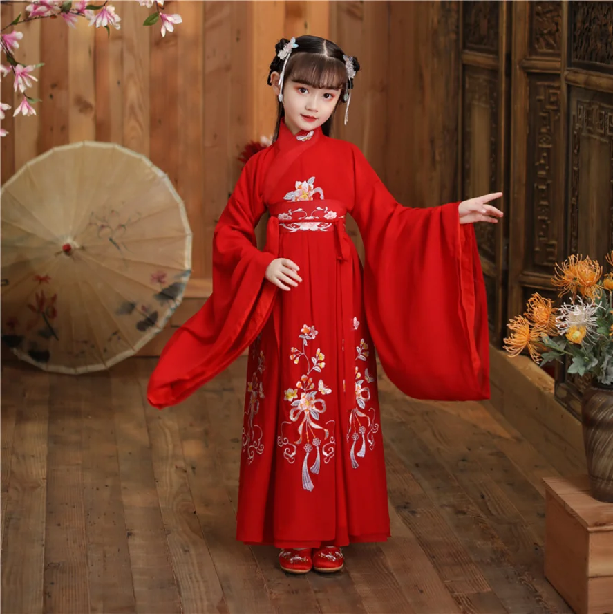 

Детский костюм Hanfu для девочек на весну и осень, супер сказочный костюм в китайском стиле с юбкой для выступлений