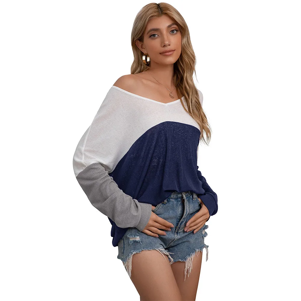 

Autumn Women V-neck Long Sleeve Splicing Color T shirts Loose Solid Color Bat Sleeve T-shirt Women's Clothing Vestidos