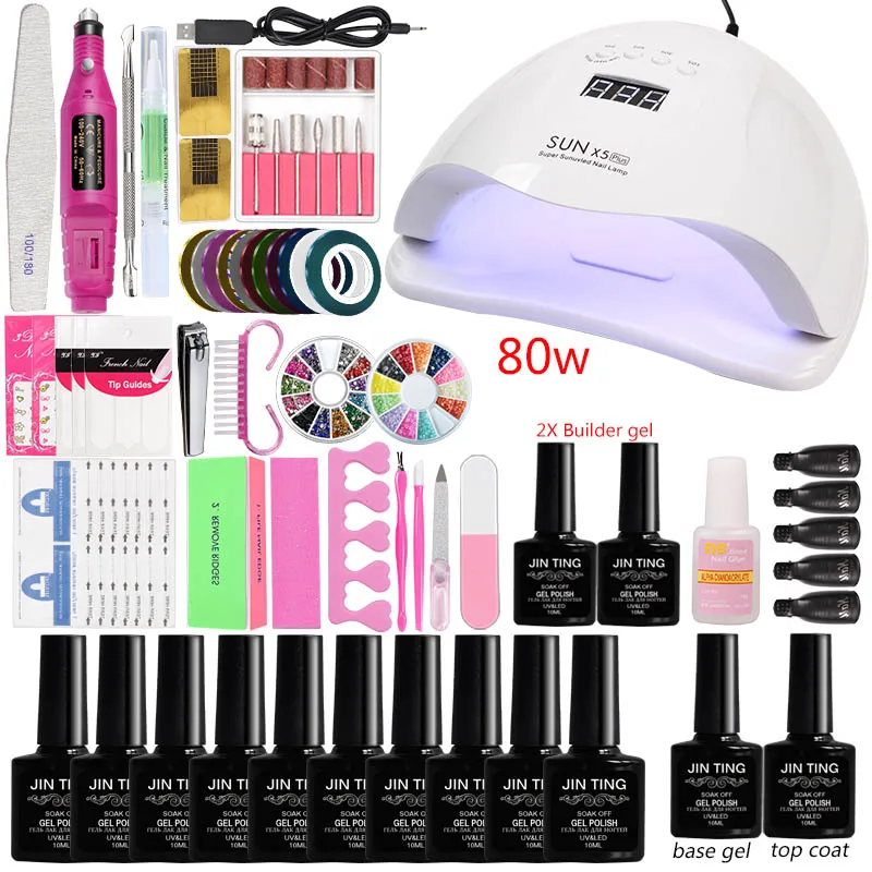 80w sun x5 gel set Маникюрный набор 36 Вт/48 Вт/80 Вт и Светодиодный УФ-лампа 10 шт. набор гель-лака для наращивания ногтей Наборы для дизайна ногтей Электрический Маникюрный станок набор ручек - Цвет: 80w sun x5 gel set