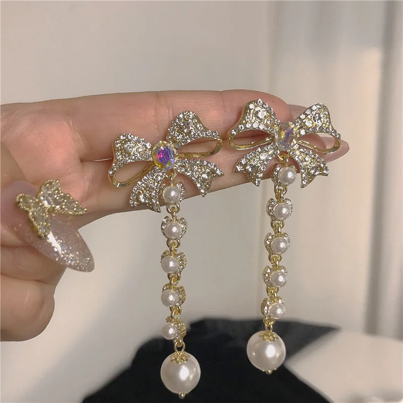 

ZDMXJL 2021 trend aesthetic Women Earrings Bowknot Pearl Beads Tassels Long dangle earrings For Women Jewelry bride wedding