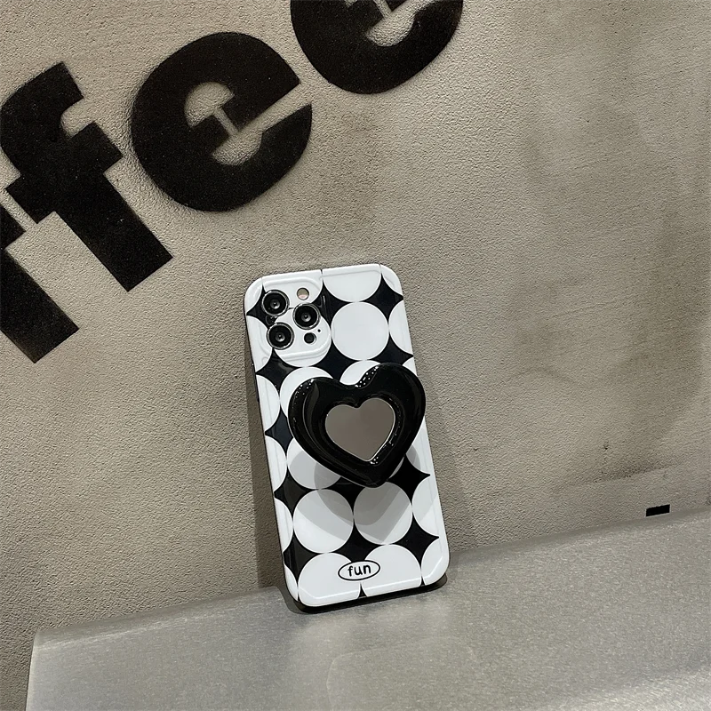 Stylish Rhombus Round Camera Protection Love Mirror Stand Phone Case For Iphone 11 12 Pro Max X XR XS 7 8 Plus Back Cover |