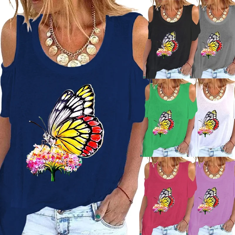 

Summer New Fashion Women Butterfly Print Short Sleeve Round Neck Shirt Top Casual Off Shoulder T-shirt Plus Size