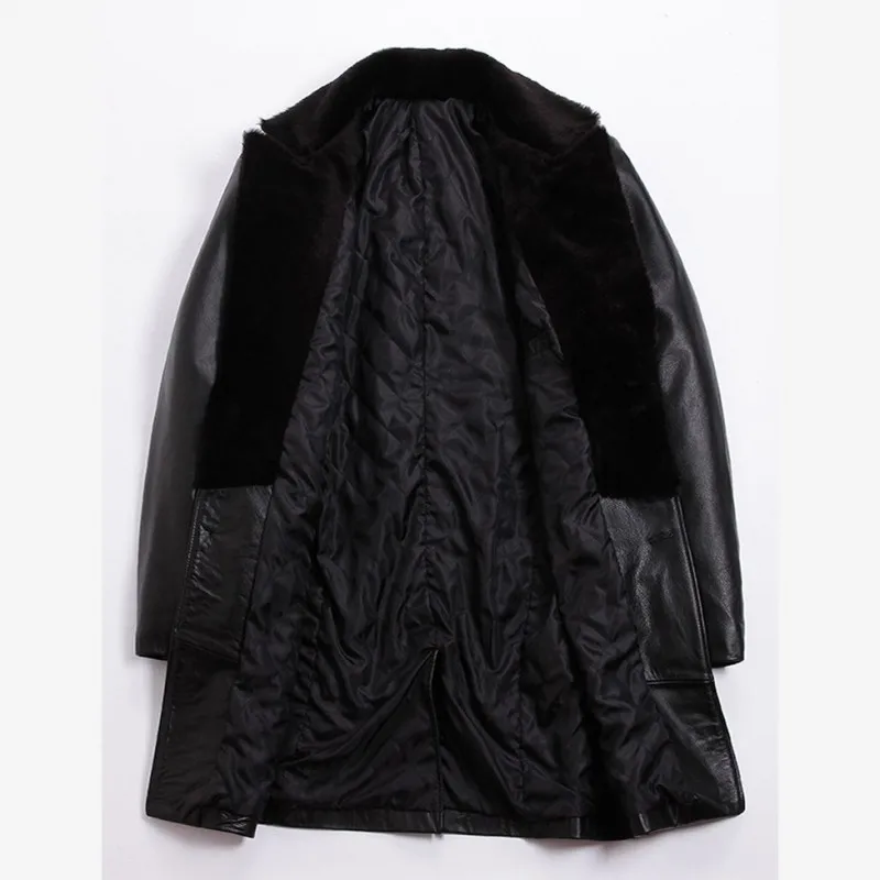 

Thick Genuine Brand Leather Jacket Men Winter Slim Long Windbreaker Designer Fur Collar Single Breasted Warm Outerwear Plus Size