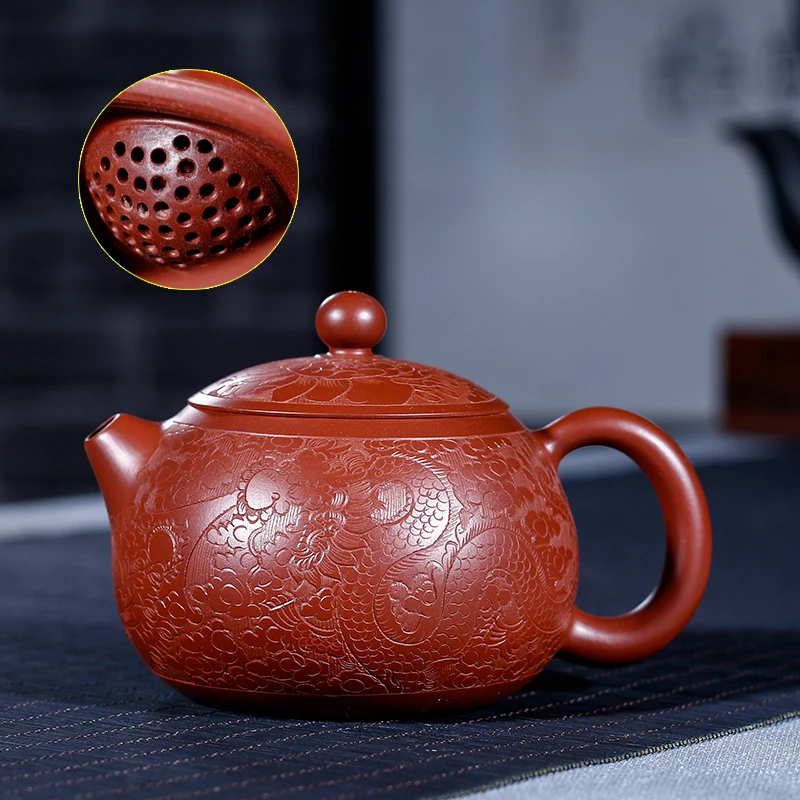 

Purple sand ore dahongpao all hand carved painting in extremely good fortune 200 ml xi shi pot ball hole of the water