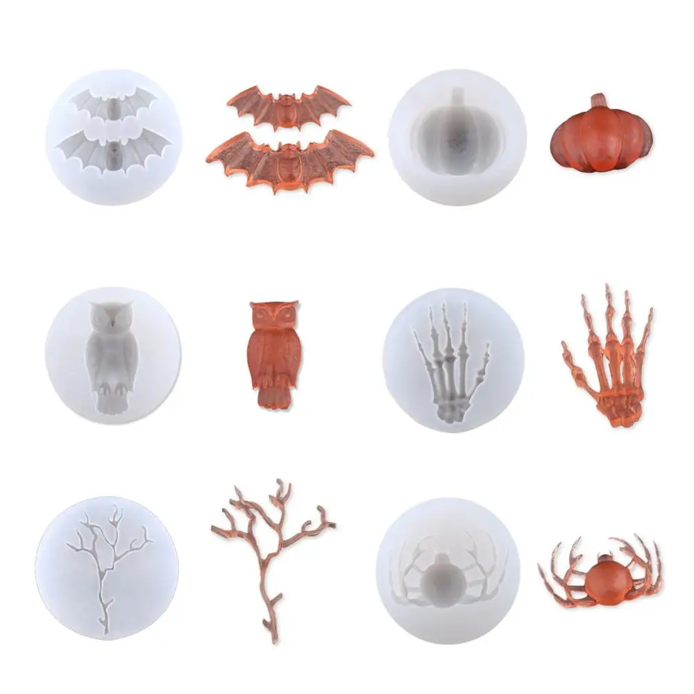 

6pcs/set Halloween Silicone Mold Bat Pumpkin Owl Skull Hand Dead Branch Spider Resin Craft DIY Tools for Jewelry Decorating