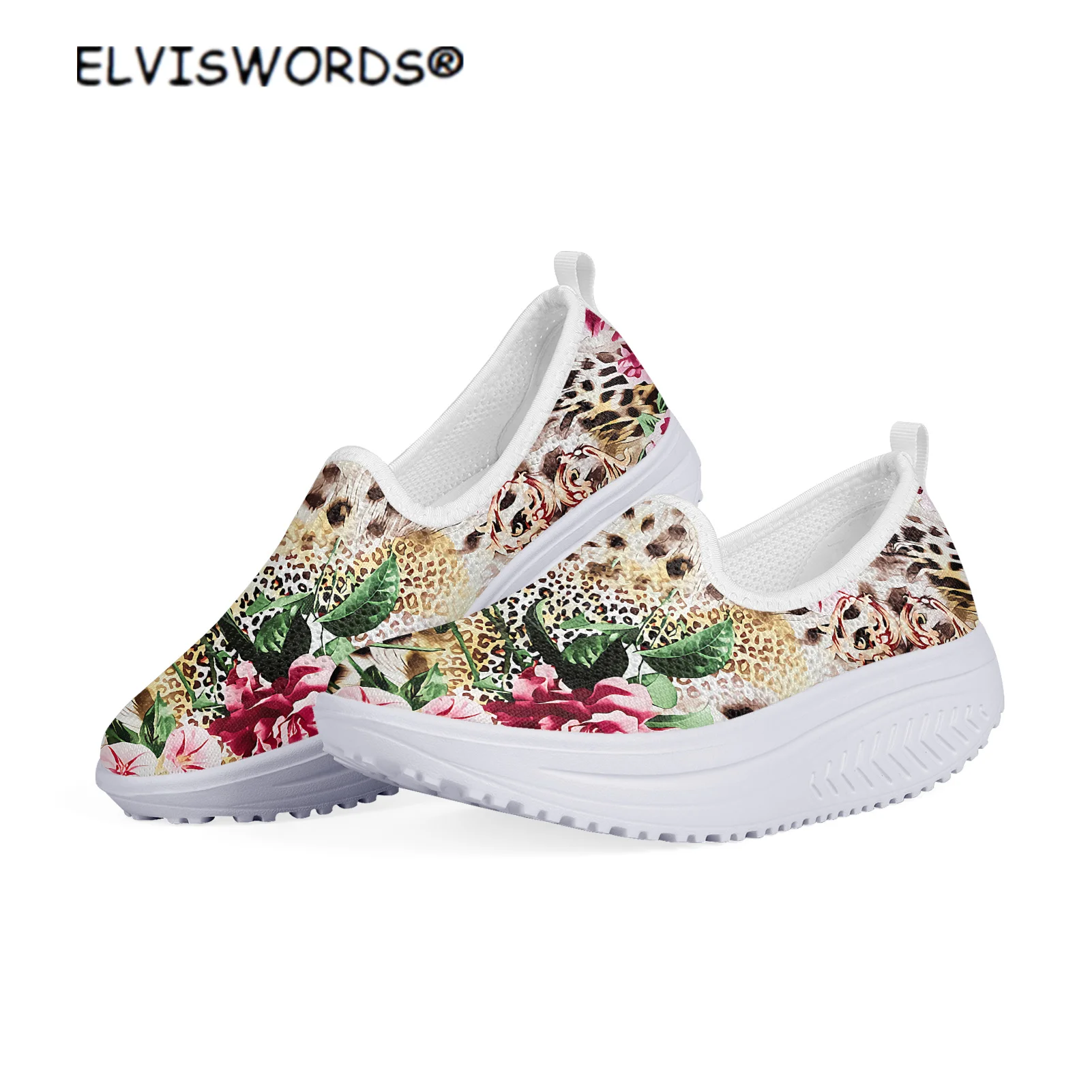 

ELVISWORDS Leopard Print with Flowers Print Trendy Mesh Swing Shoes for Women Ladies Casual Walking Shoes zapaotos de mujer