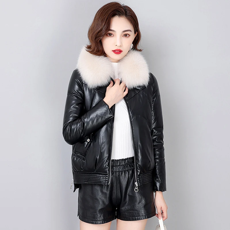 New Women Leather Down Jacket Winter Fashion Warm Real Fox Fur Collar Slim Short Sheepskin Outerwear White Duck Down Coat Female