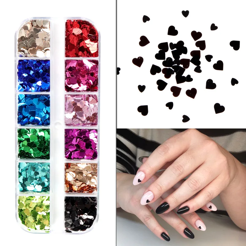 

12 Grids Nail Art Sequins Sweet Love Mixed size Hearts Shaped Glitter Flakes Nail Decorations Accessories Manicure Design