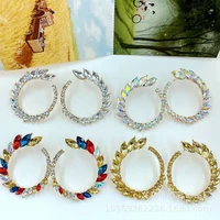 ins colorful gemstone crystal c shaped big open round hoop earrings jewelry for women luxury rhinestone symmetry circle earrings