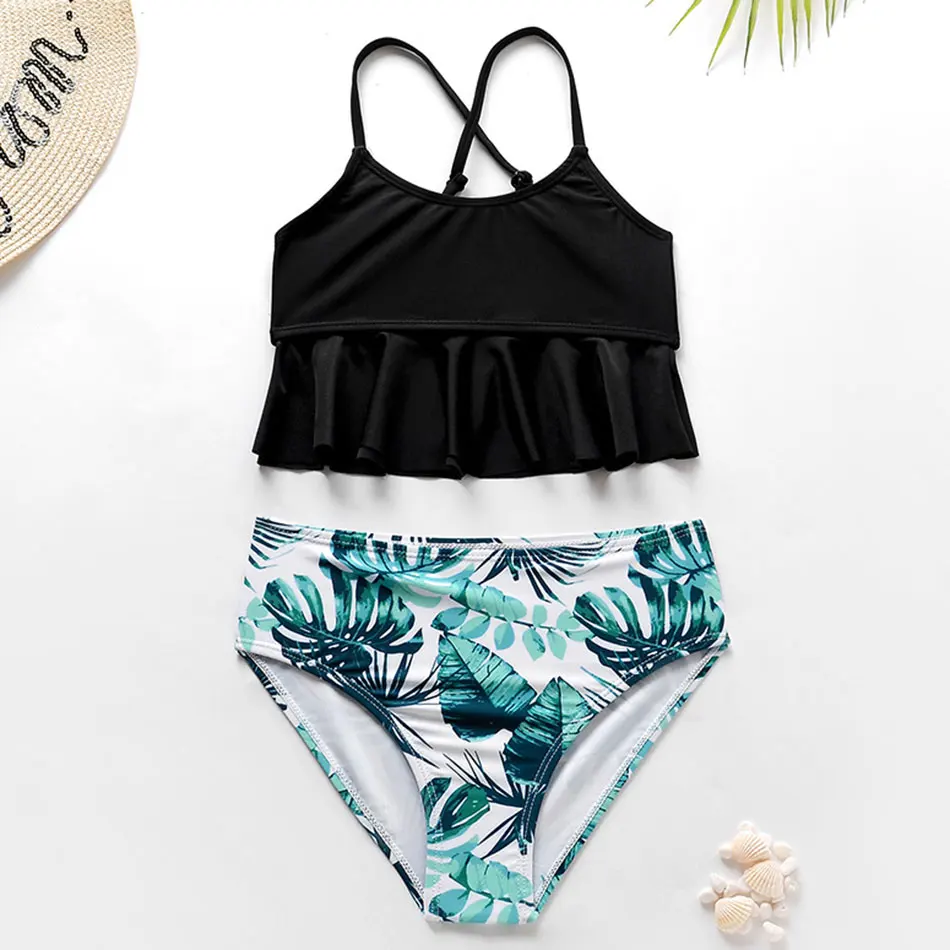 

7-14Years Tropical Print Girl Swimsuit Kids Two Piece Children's Swimwear Tankini Ruffle Trim Bikini Set Criss Back Bathing Suit