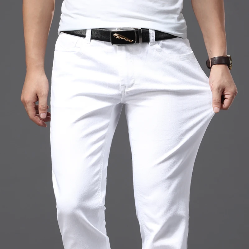 

Brother Wang Men White Jeans Fashion Casual Classic Style Slim Fit Soft Trousers Male Brand Advanced Stretch Pants