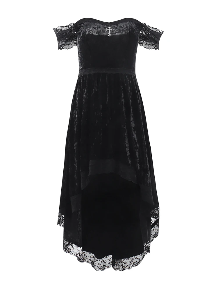 Винтажное бархатное платье-миди с открытыми плечами и кружевом | Женская одежда