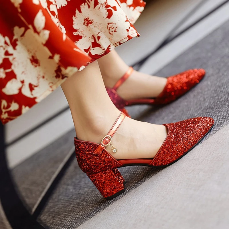 

Sandalias Mujer 2021 модные блестящие босоножки с острым носком; Туфли-лодочки на платформе с высоким каблуком; Свадебные вечерние плюс Размеры обув...