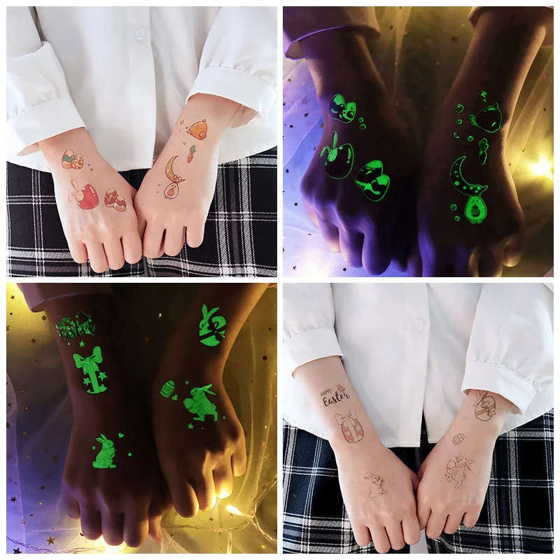 

Easter Luminous Tattoo Stickers Child Kid Cute Temporary Fake Tattoos Disposable Waterproof Glow Paste On Face Arm for Children