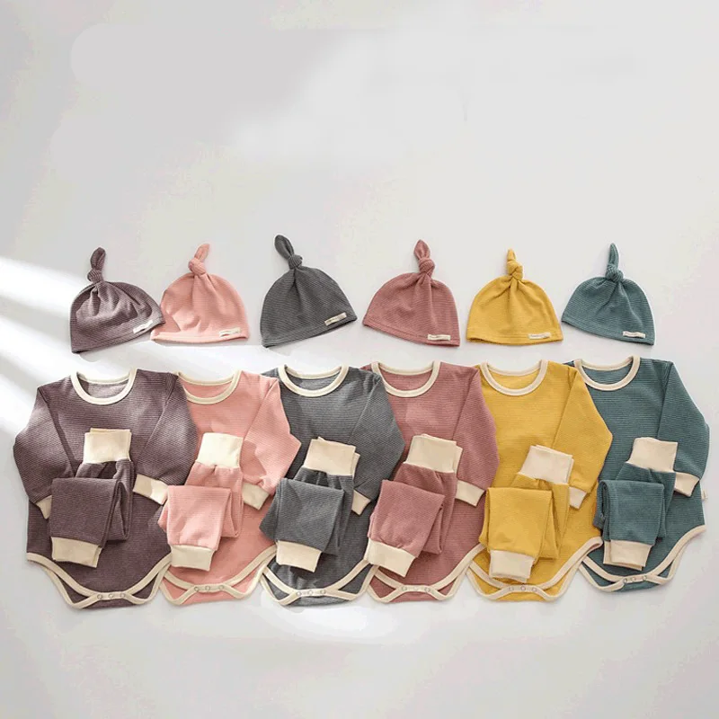 

Romper Tops Striped Pants Hat Outfit Set Tracksuit Baby Girl Clothes Newborn Kids Baby Girl Boy Clothes Long Sleeve Leaves