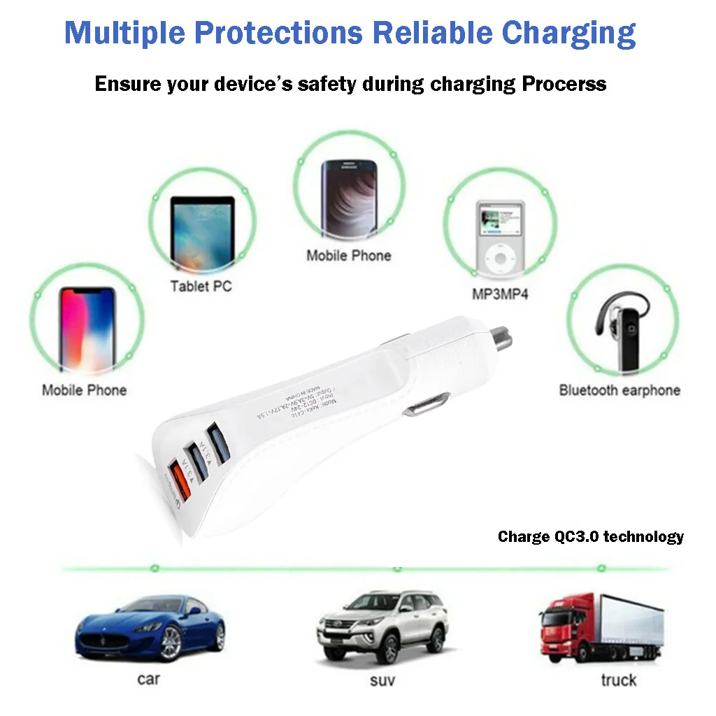 Автомобильное зарядное устройство с 3 портами 18 Вт USB QC 0 быстрая зарядка для iPhone