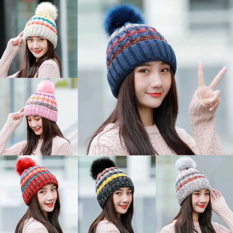 Женская вязаная шапка разноцветные шапки в стиле пэчворк с помпоном из меха