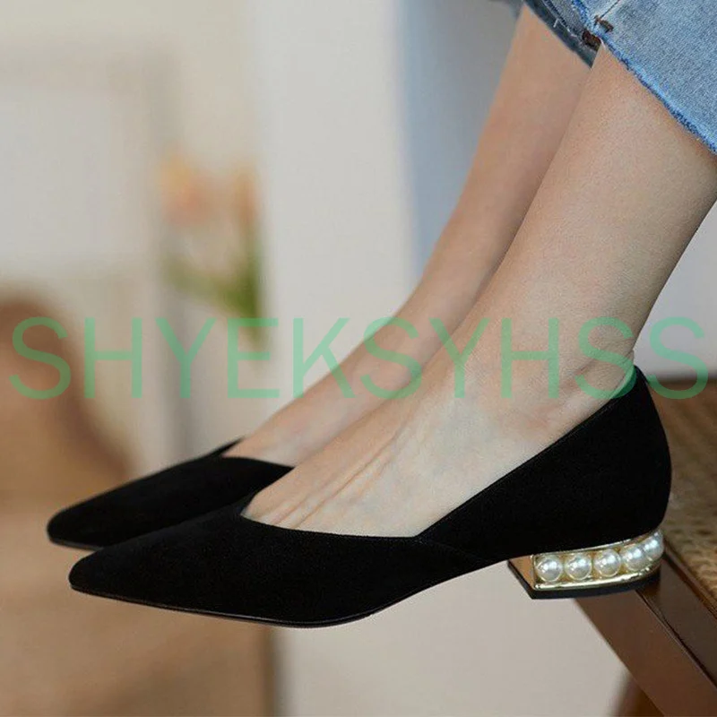 Туфли лодочки женские с жемчужинами модная обувь на каблуке замша кожа