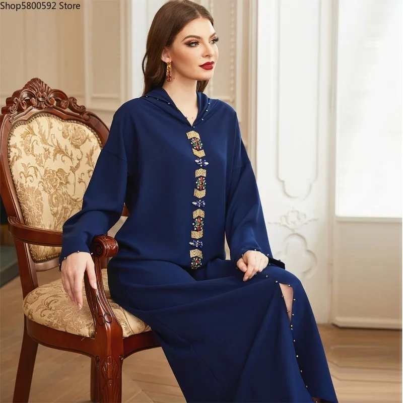 Moroccan Kaftan Hooded Maxi Dress For Women Handwork Stitch Brass Diamond Luruxy Abaya Dubai Robe Turkey Arabic Muslim Clothes
