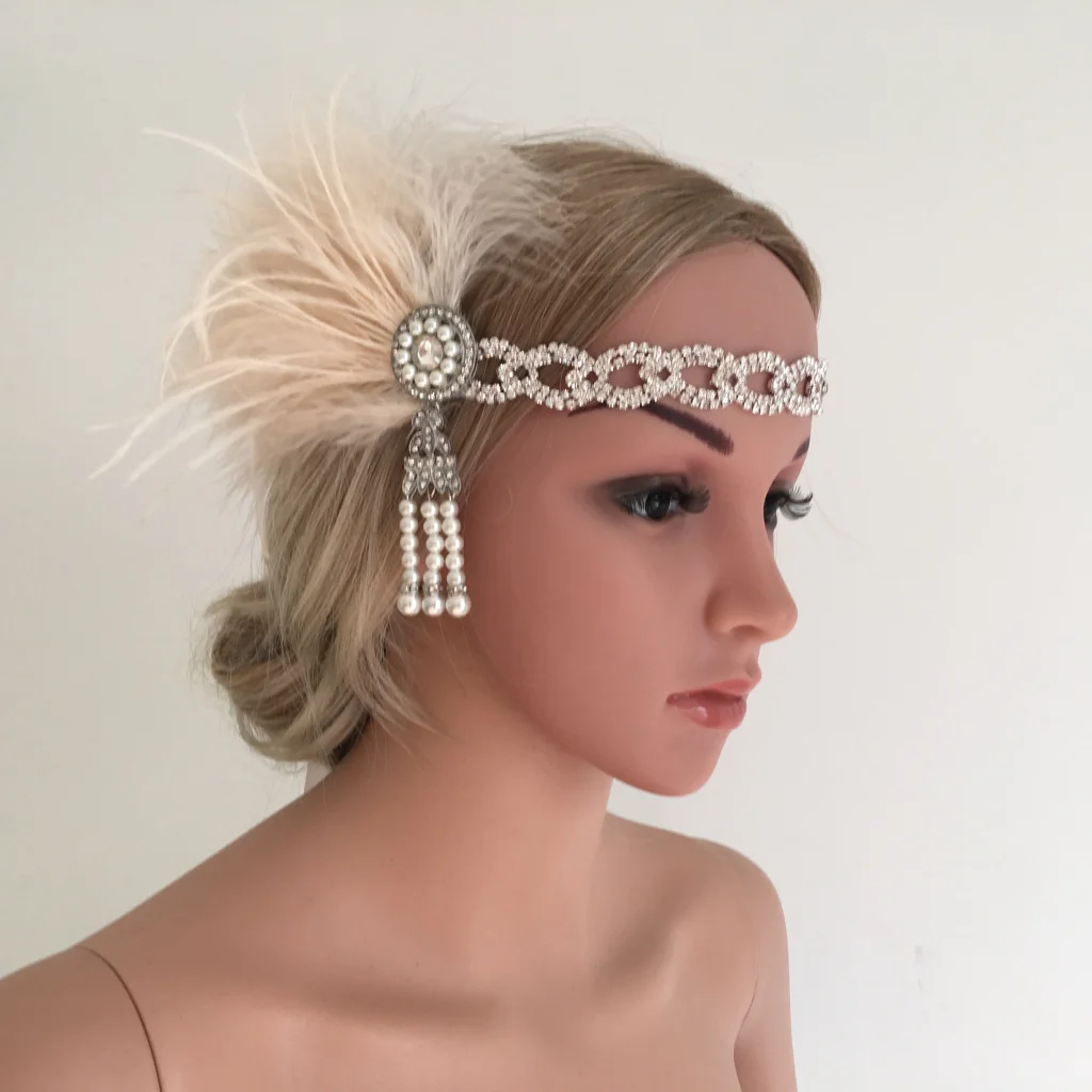 

Fascinator Flapper Crystal Pearl Feather Headband Woman Costume Fancy Dress