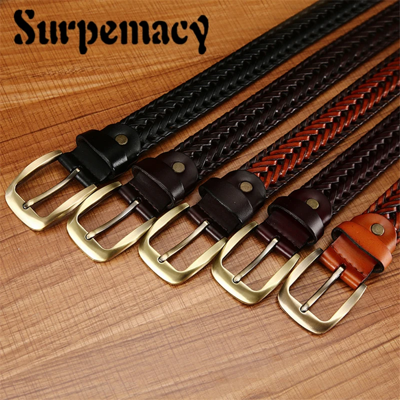 

Genuine leather braided belt man Fashion men belts luxury waist strap male Quality second layer cow skin girdle for jeans Brown