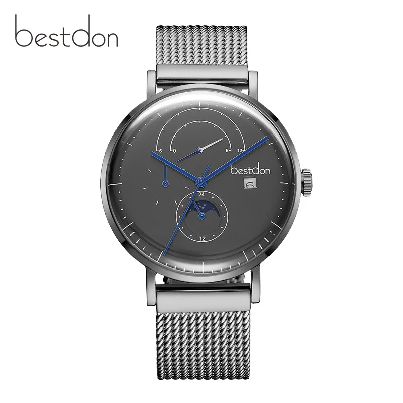 Grey Bestdon автоматические мужские часы 42 мм большой циферблат деловые механические наручные часы водонепроницаемые Moonphase высокого класса подарок для мужчин бренд - Цвет: Grey