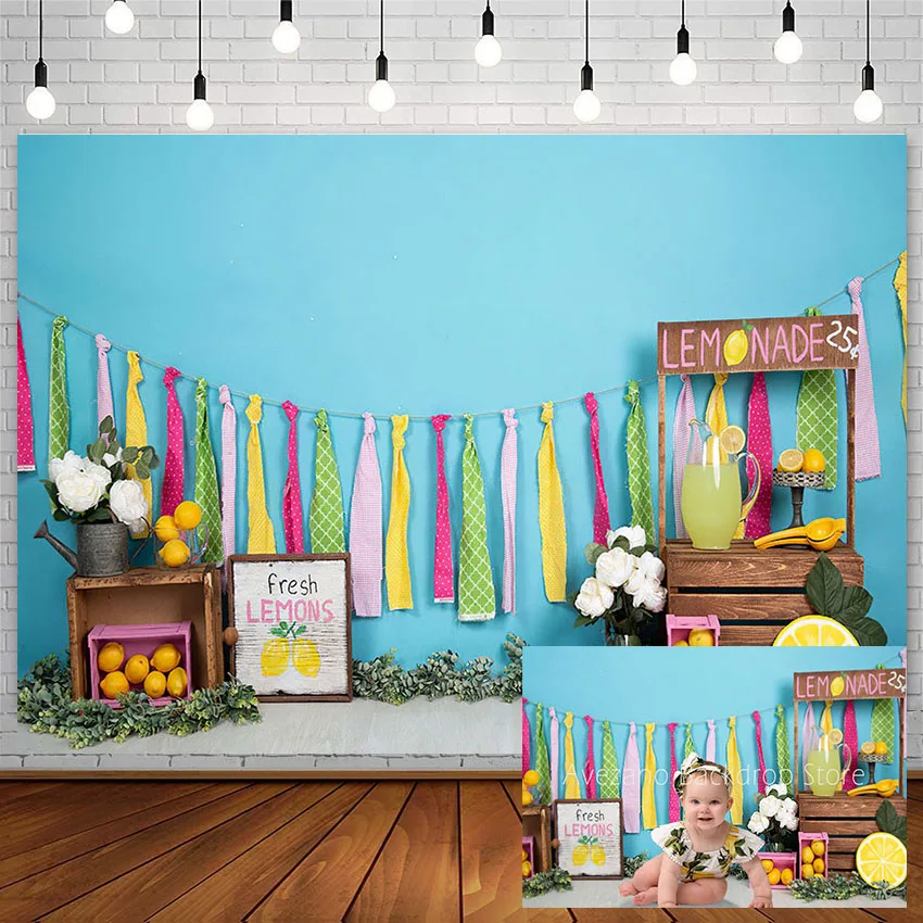 

Фон Avezano с изображением свежего лимона для детского дня рождения Фотофон для фотосъемки новорожденных с голубыми цветами реквизит для декора